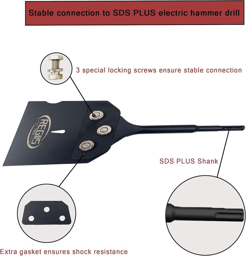 Regiis Tech SDS Plus Floor Scraper 4 in. x 10 in. Wide Tile Flooring Adhesives Remover Black Painted,Thinset Removal Tool Chisel Bit with Spare Blades for Rotary Hammer Drill - Image 3